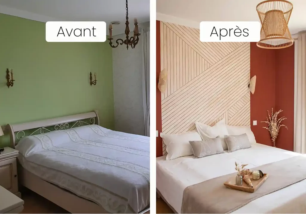 avant après d'une chambre parentale refaite par la décoratrice d'intérieur, se déplaçant en Champagne Ardenne et Loire-Atlantique