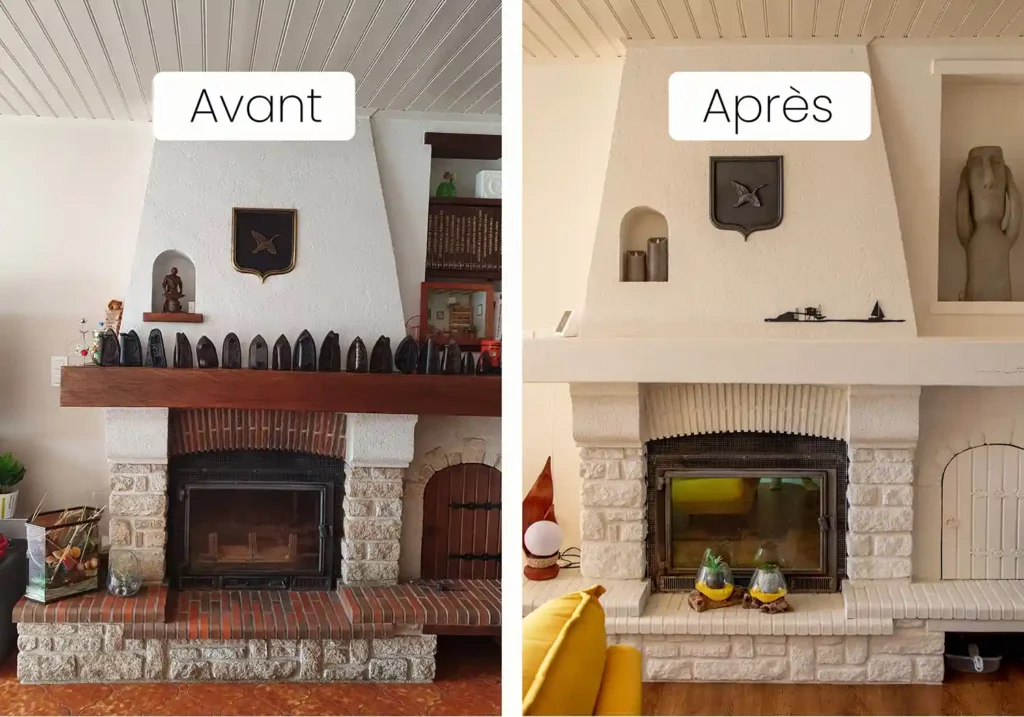 avant après d'une cheminée refaite par la décoratrice d'intérieur, se déplaçant en Champagne Ardenne et Loire-Atlantique