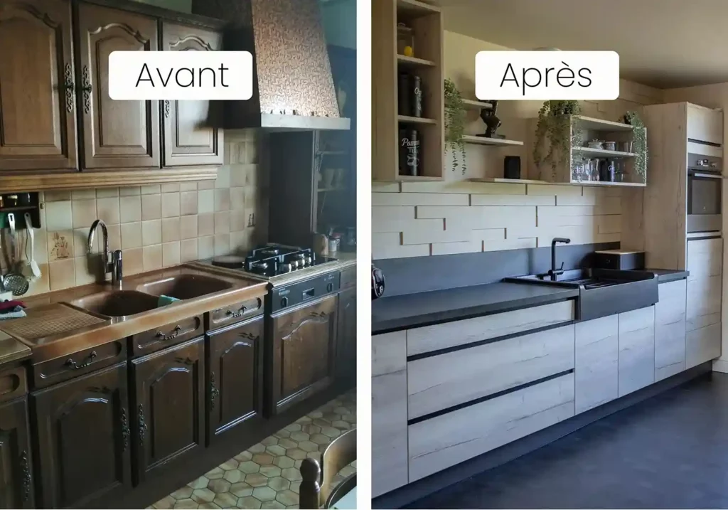 avant après d'une cuisine refaite par la décoratrice d'intérieur, se déplaçant en Champagne Ardenne et Loire-Atlantique